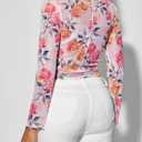 Women's Sheer Floral Long Sleeve Layering Top Ruffled Mock Neck Sheer Blouse for Casual Brunch Party Club Night Date Outfits (S)