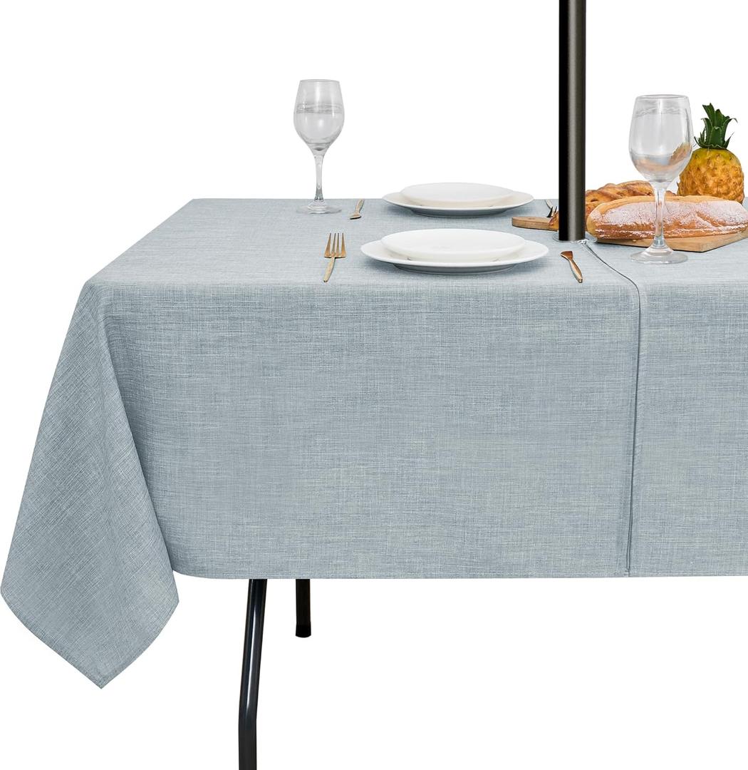 LUSHVIDA Outdoor Tablecloth with Umbrella Hole - Patio Table Cloth Zippered Rectangle 60x102 Inch, Light Gray Linen-Look Polyester Table Cover Water Resistant for Picnic Outside