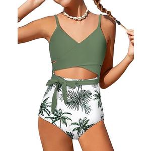 Girls Swimsuit Cutout One-Piece Bathing Suit V-Neck Swimsuits for Teens Cute Swimwear with Drawstring Cover Up 16-17yr