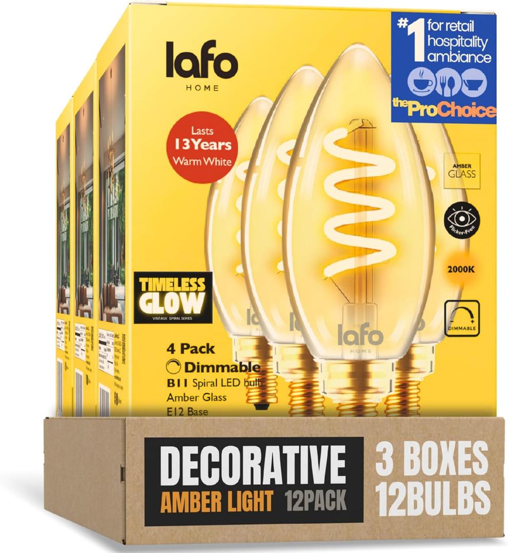 TimelessGlow 12 Pack Dimmable B11 LED Candelabra Bulb 3W 25W Equivalent Warm Amber 2000K E12 Base CRI80 Amber Glass Spiral Filament ETL FCC Certified Flicker Free Decorative Lighting