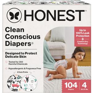 The Honest Company Clean Conscious Diapers for Delicate Skin | Up to 100% Leakproof | Hypoallergenic, Fragrance Free | Gender Neutral | Super Club Box, Size 4 (22-37 lbs), 104 Count (Prints May Vary) (Space Travel + Big Trucks)