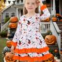 Halloween Little Girl Dress Pumpkin/Bat Outfit Flared Sleeve Ruffled Dresses 3-8T (White)
