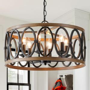 Farmhouse Antique Chandelier for Dining Room Kitchen Island 6-Light Drum Pendant Chandeliers Black and Brown Metal Round Hanging Lighting Fixtures Vintage Rustic Handmade Chandelier W19.7