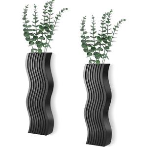 2 Pack Wall Decor Wood Wall Planters for Indoor Plants, Modern Wall Planter for Bathroom, Kitchen, Dining Room, Living Room Wall Decor, Farmhouse Wall Vase for Decor Dried Flowers and Faux Greenery (Black)