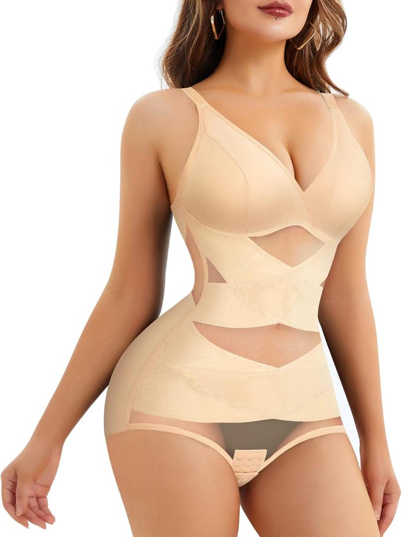 REYEOGO V Neck Bra Bodysuit Shapewear for Women Tummy Control Waist Trainer Full Body Shaper Butt Lifter Briefs Jumpsuit Tops (Large, Beige)