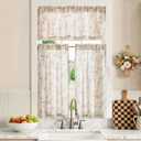 jinchan Floral Kitchen Curtains Set 36 Inch Length Farmhouse Linen Cafe Curtains and Valance Set for Living Room Bathroom Small Window Treatments Rod Pocket 3 Panels Taupe on Linen