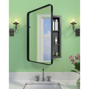 16"x24" Bathroom Medicine Cabinet with Mirror, Recessed and Surface Mount Medicine Cabinet Bathroom Mirror with Storage, Waterproof Black Metal, Stable and Removable 2 Metal Shelves, Easy Installation
