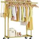 HYSEYY Double Rods Clothes Rack, Sturdy Rolling Clothing Rack, Portable Clothing Racks for Hanging Clothes - Metal Garment Rack Wardrobe Coat Rack for Bedroom Laundry Living Room, Gold