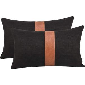 Cygnus Set of 2 Black Linen Patchwork Faux Leather Throw Lumbar Pillow Covers for Couch Living Room Bedroom,Modern Accent Decor Lumbar Covers 12X20 inch, Brown and Black (12" x 20" (Pack of 2))