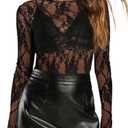 Women's Lace Mesh Top Long Sleeve Mock Neck Undershirt Sheer Blouse See Through Undershirt Party Layering Tops Black (S)