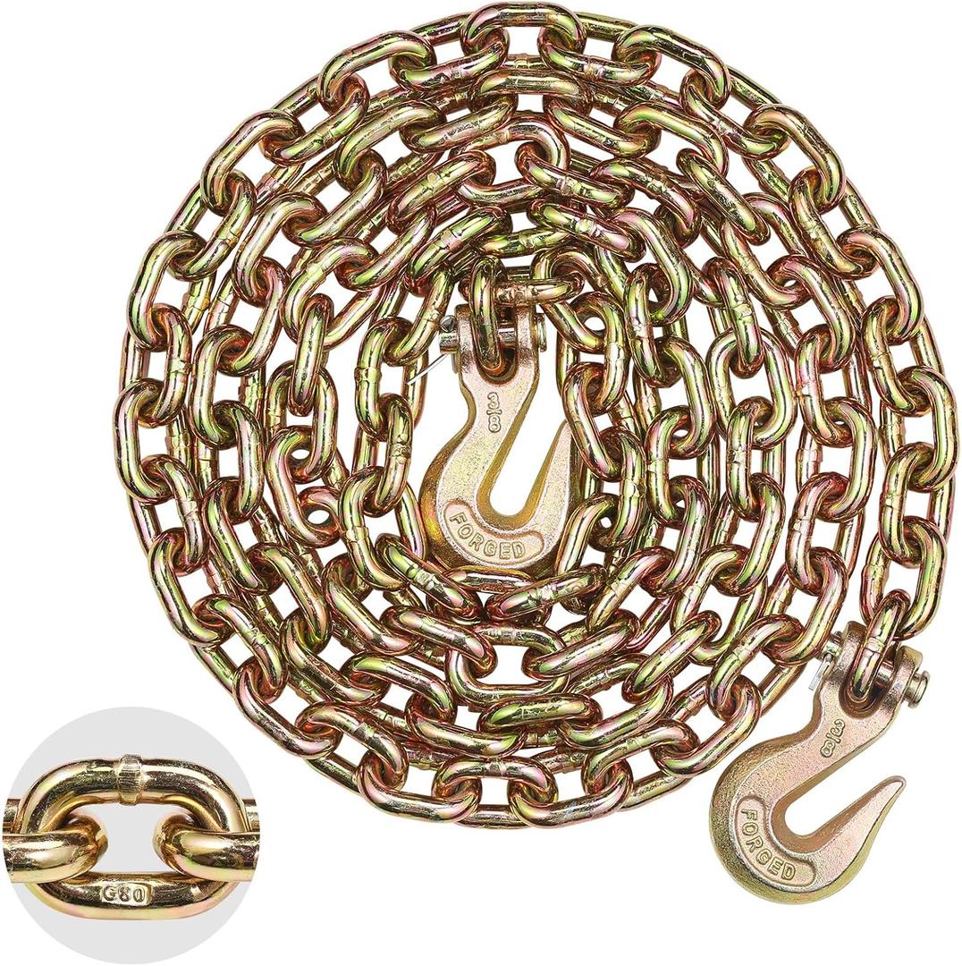 VEVOR G80 Transport Binder Chain, 3/8" x 10.3' Tow Chain with Clevis Grab Hooks, 7100 lbs Safe Working Load, Heavy Duty Trailer Logging Chain for Transporting Towing Truck Tie Down Binding Equipment