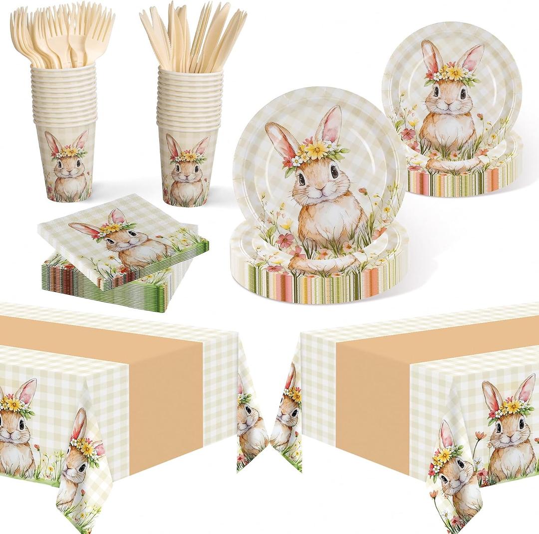 Childom Spring Party Decorations,147 Pcs Disposable Plates and Napkins Party Supplies,Bunny Dinnerware Sets with Plastic Tablecloth Knives Fork,Paper Plates Napkin Cups for Birthday Easter Decorations