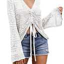 Saodimallsu Womens Boho Off Shoulder Sheer Crop Tops Bell Sleeve Flowy Oversized Crochet Ruched Pullover Sweaters, L