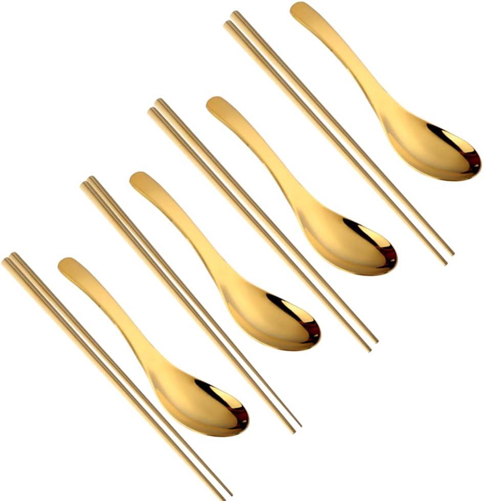 Chinese Metal Soup Spoons and Chopsticks Set for 4 People, Reusable Stainless Steel Ramen Short Handle Spoon Set Asian, Christmas Gift Dishwasher Safe (Gold)