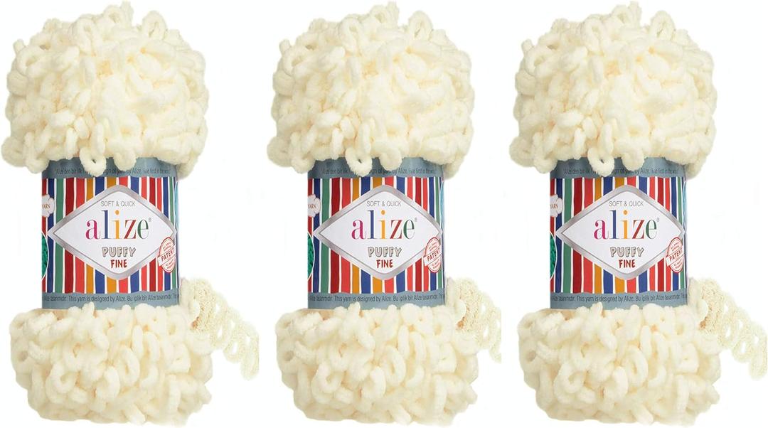 Alize Puffy Fine Yarn Baby Blanket Yarn Lot of 3skn 300gr 48yds 100% Micropolyester Soft Yarn Hand Knitting Yarn Super Chunky Bulky Woven Worested Yarn (62-Light Cream)