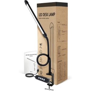LED Desk Lamp with Clamp, Clamp Light with 30 Adjustable Color Modes, Clip on Light with Long Flexible Gooseneck, Eye Care Lamp Clamp for Study, Work, Home, Office, Black, 12W