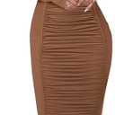Women's Long Sleeve Mesh Dress - Bodycon Off Shoulder Mesh Ruched Cocktail Club Maxi Dresses (Large, Brown)