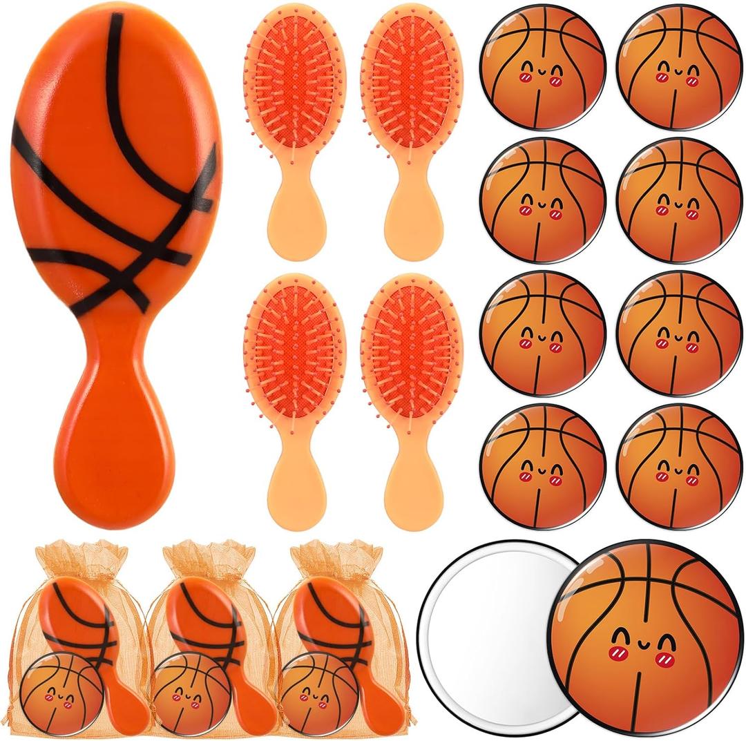 Mini Hair Brush Bulk Compact Mirror with Bags Senior Night Gifts Sports Party Favor Team Gift for Women Hair Accessories Graduation Sport Team Player(12 Set,Basketball)