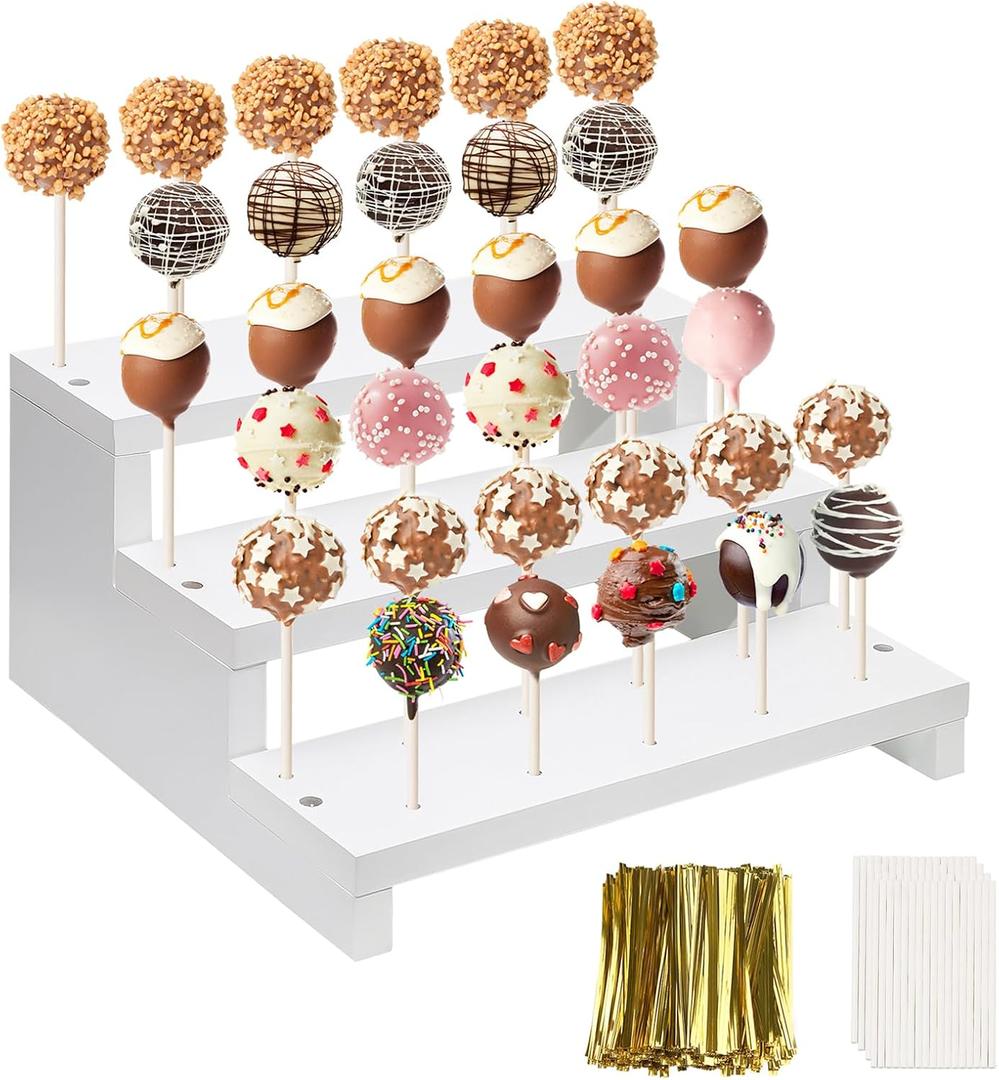 Wood Cake Pop Stand, 3 Tier White 33 Holes Lollipop Display Holder with Twist Ties Lollipop Sticks, Cupcake Dessert Display Stand Riser for Table of Wedding Birthday Party Christmas Day (A)