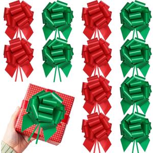 12 Pcs Large Christmas Bows for Gift Wrapping, 5 inch Xmas Pull Bows Christmas Ribbon for Presents, Tree, Wine Bottles, Festive Decorations - Red + Green