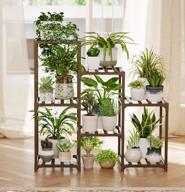 Bamworld 3 Tier Ladder Plant Stand Wood Indoor Outdoor Tiered Plant Shelf Rack 7 Pots for Living Room Patio Balcony Boho Decor