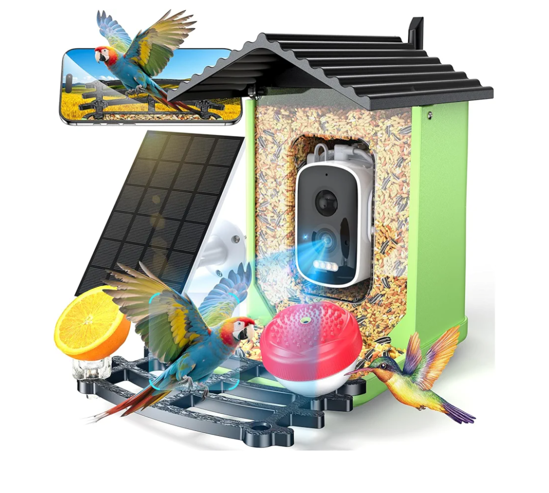Bird Feeder with Camera, 2K HD AI Identify Smart Bird House Camera with Solar Powered, Live View, Instant Arrival Alerts, Auto Capture Video for Outside, Supports 2.4GHz Wi-Fi Only, Bright Green