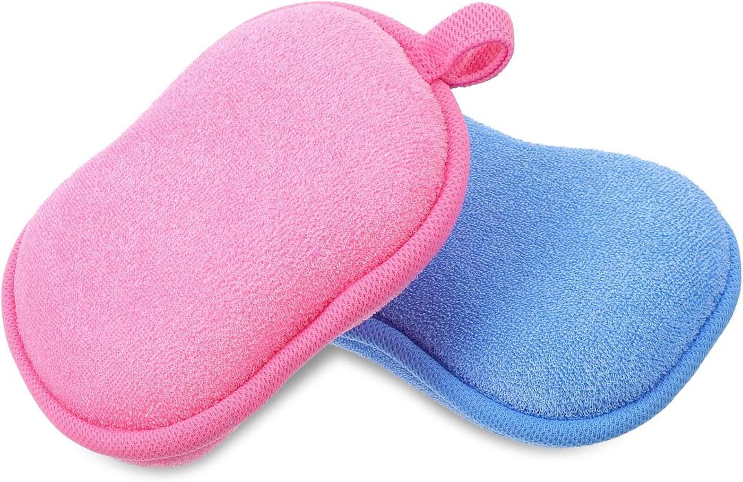 2Pcs Baby Sponge for Bathing, Bath Sponges Loofah for Kids Soft Absorbent, Children Shower Mild Exfoliating Cleaning Tools for Kids Adult All Skin Type, Pink & Blue