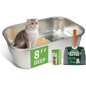 Sifting Litter Box, XL Stainless Steel Sifting Cat Litter Pan for Pine Pellets, Large Sifter Pan, with Metal Litter Scoop and Litter Box Liners, Odor Control & Easy Clean