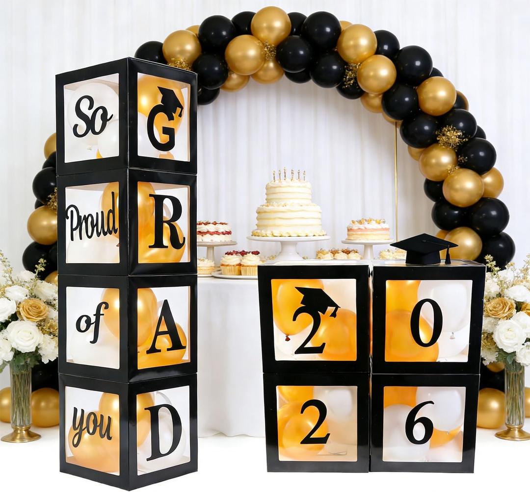 Graduation Decorations 2026 Set of 4 Boxes with 20pcs Balloons and Letters 2026 GRAD So Proud of You - Class of 2026 Party Supplies for High School & College Celebrations
