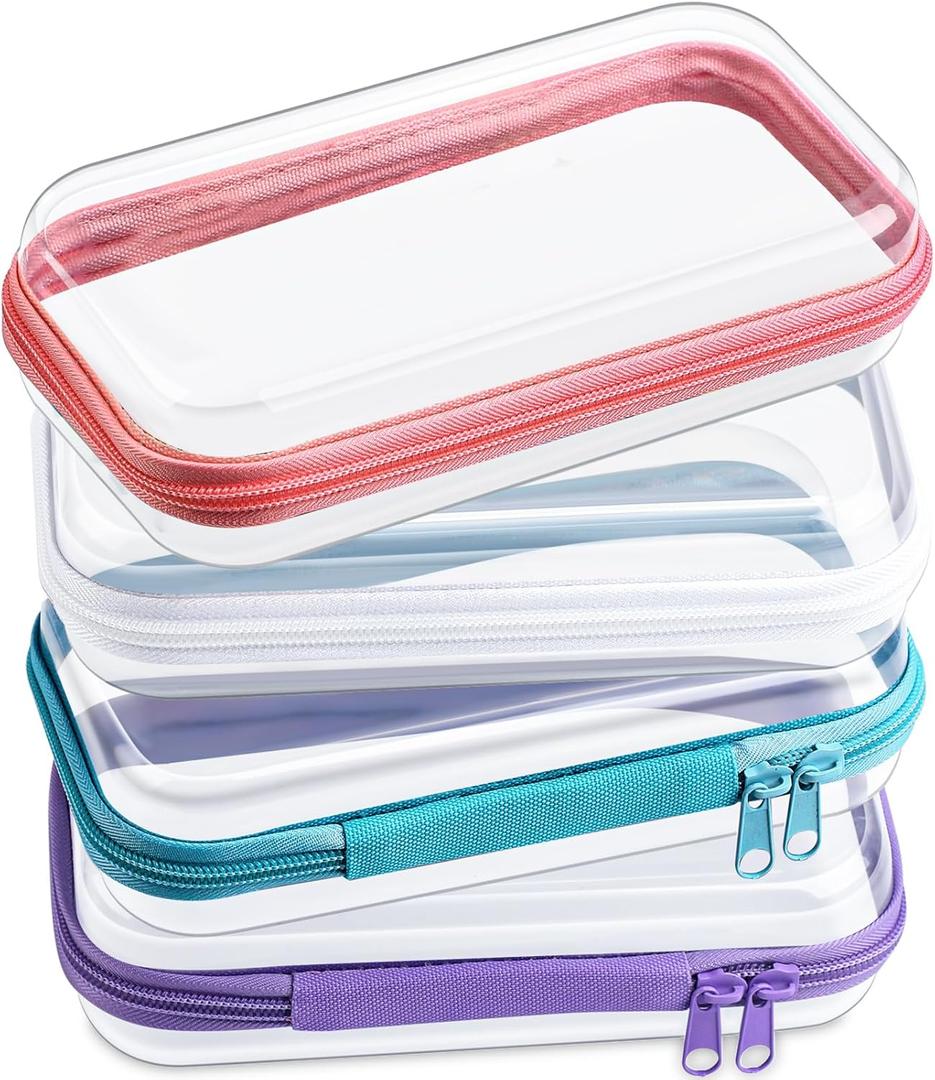 Hoolerry 4 Pcs Hard Clear Zipper Case Makeup Bags Plastic Zipper Pouch Transparent Storage Box Containers for Cosmetics, Snacks, Building Blocks, Puzzles(Clear,7.5 x 3.9 x 2 in,Multicolor)