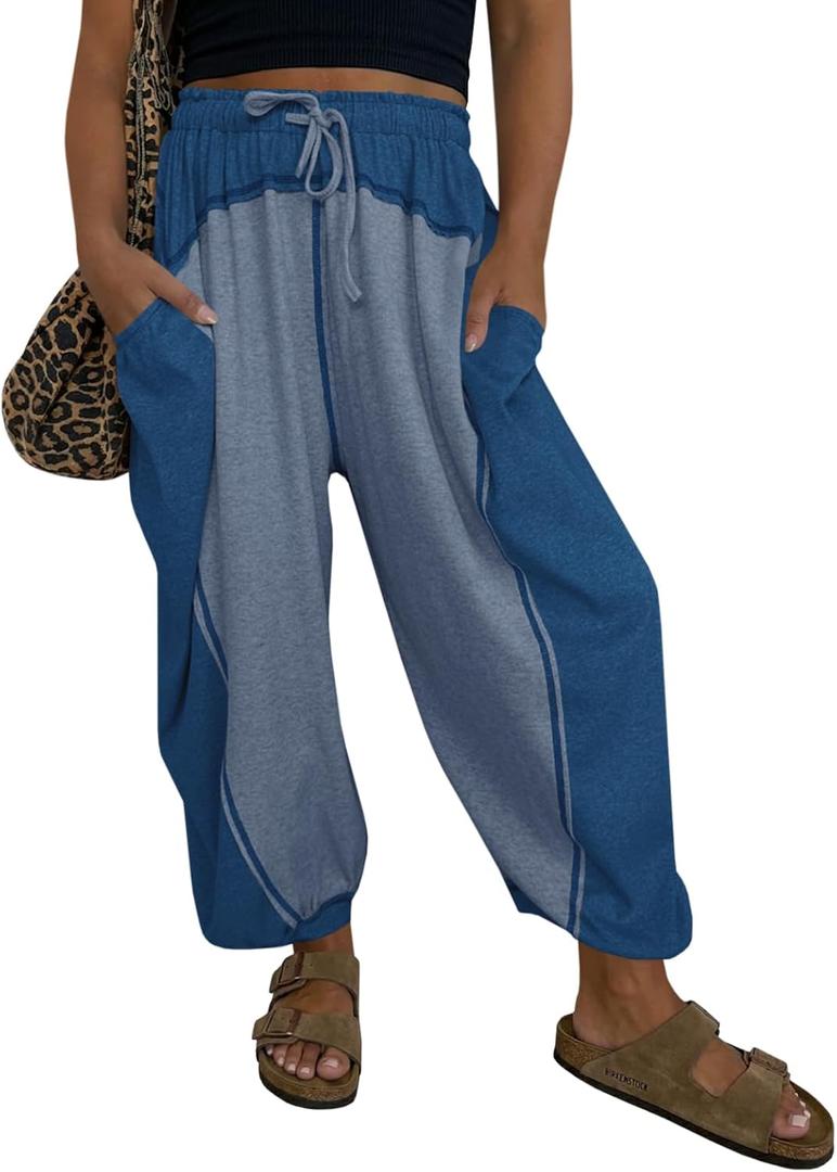 Fisoew Womens Baggy Wide Leg Harem Barrel Pants Casual Elastic Waist Drawstring Color Block Workout Track Pants with Pockets (Large, Navy)