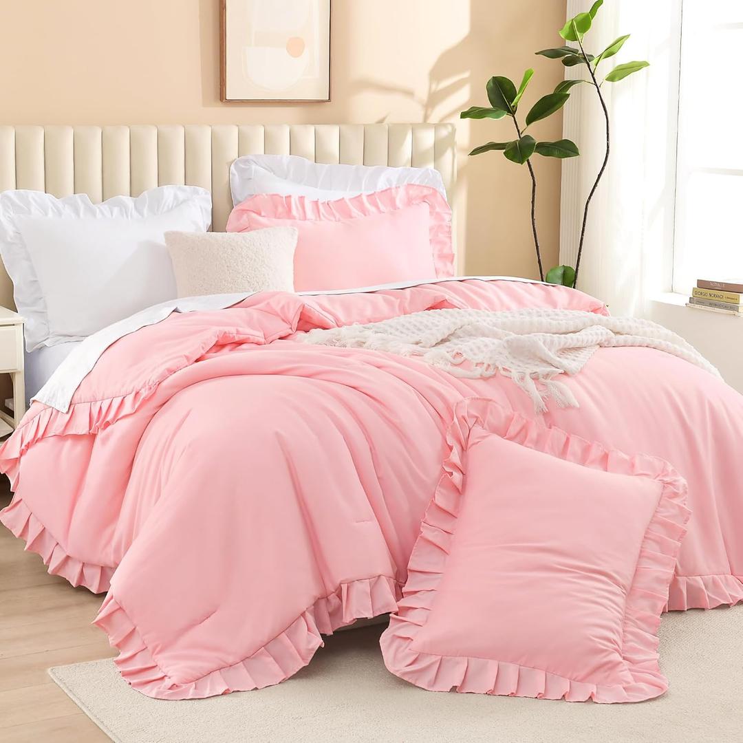 Litanika Pink Queen Comforter Set, 3 Pieces Ruffle Farmhouse Aesthetic Bedding Comforter Set, All Season Soft Lightweight Fluffy Microfiber Bed Set(90x90In Comforter, 2 Pillowcases)