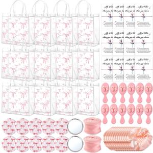 12 Sets Pink Ballerina Party Favors Dance Graduation Gifts Bulk Dance Birthday Party Supplies with Scrunchies Hair Brush Card Compact Mirror Bracelet Bags Ballerina Team Gifts for Women