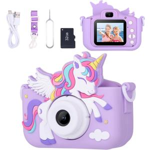 Unicorn Toys Camera for Kids Girls Age 3-8, Toddler Kids Digital Camera Christmas Birthday Gifts for 3-8 Years Old Girl, Cute Selfie Video Camera, HD 1080P, 32GB SD Card, Purple