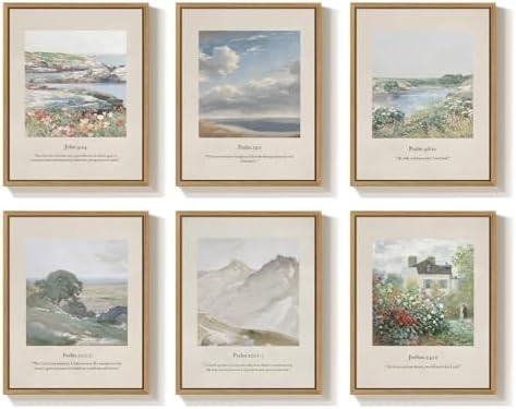 Framed Vintage Christian Wall Art Set of 6, Neutral Landscape Bible Verse Prints Scripture Artwork with Psalms John Joshua Quotes, Religious Decor for Living Room Bedroom Prayer Room, 11x14 Inch