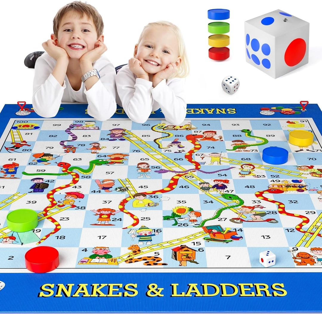 Big Snake and Ladder Board Game for Kids Adults - Indoor Outdoor Floor Game Set with 5.8 ft Playing Mat, Inflatable Dice, Pieces & Dice, Educational Toy Birthday Gift for Boys Girls Ages 3 and Up