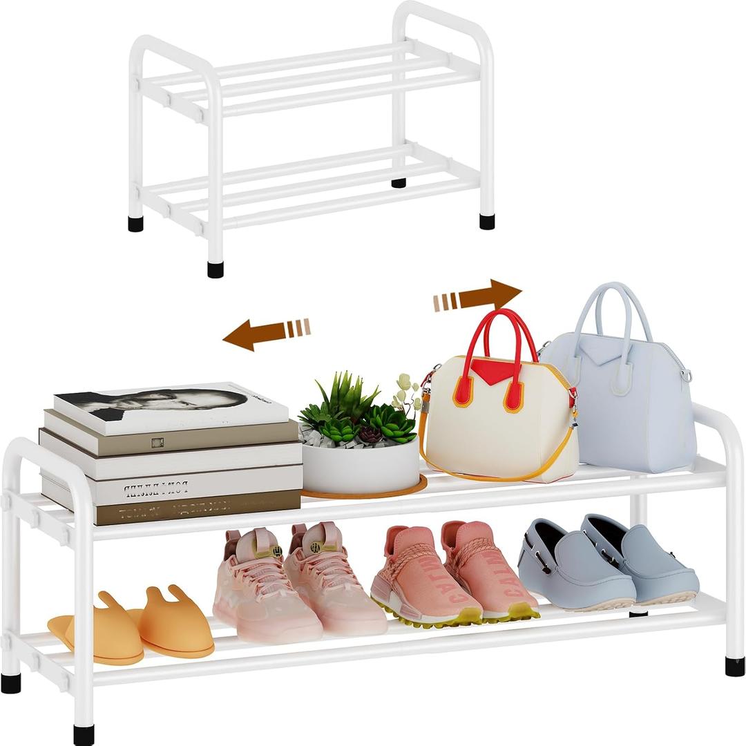 KANAV 2-Tier Expandable Shoe Rack, Heavy Duty Adjustable Metal Shoe Organizer for Closet & Entryway, Freestanding, Tool-Free Assembly, White