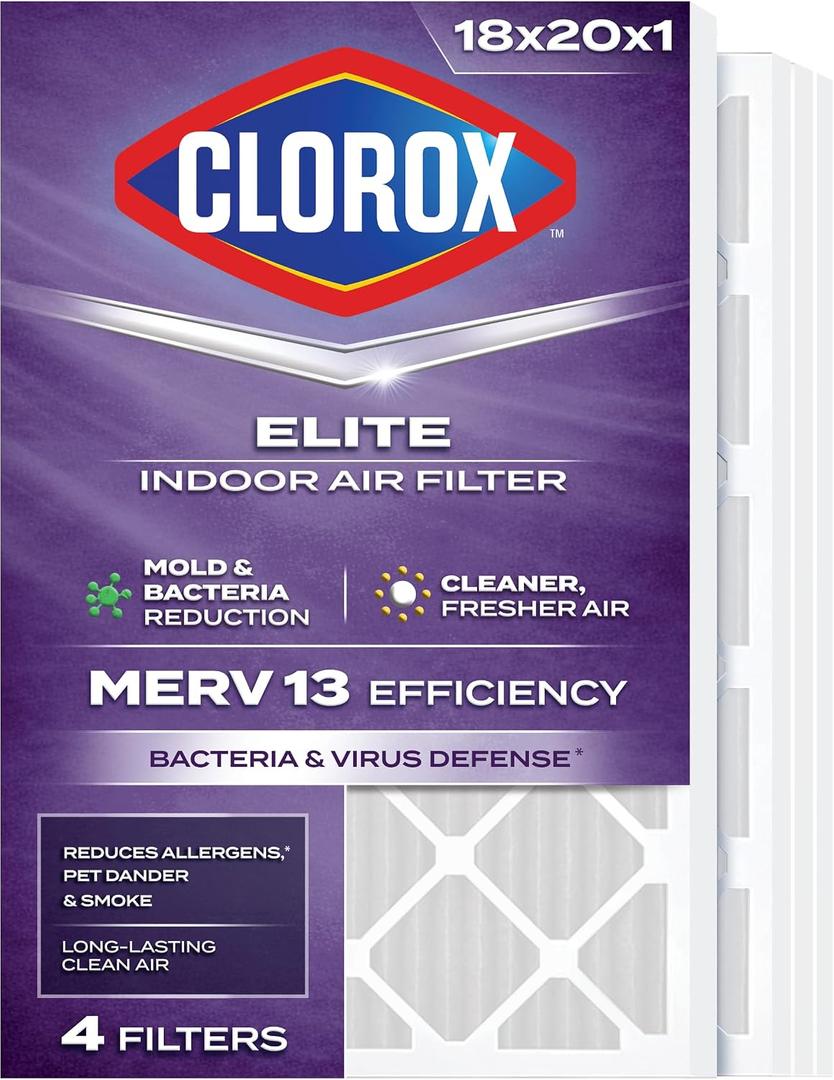 Clorox 18x20x1 Air Filter, MERV 13 Pleated HVAC AC Furnace Air Filters for Allergies, Pet Dander, Smoke and more, MPR 1500 & FPR 10 – Pack of 4