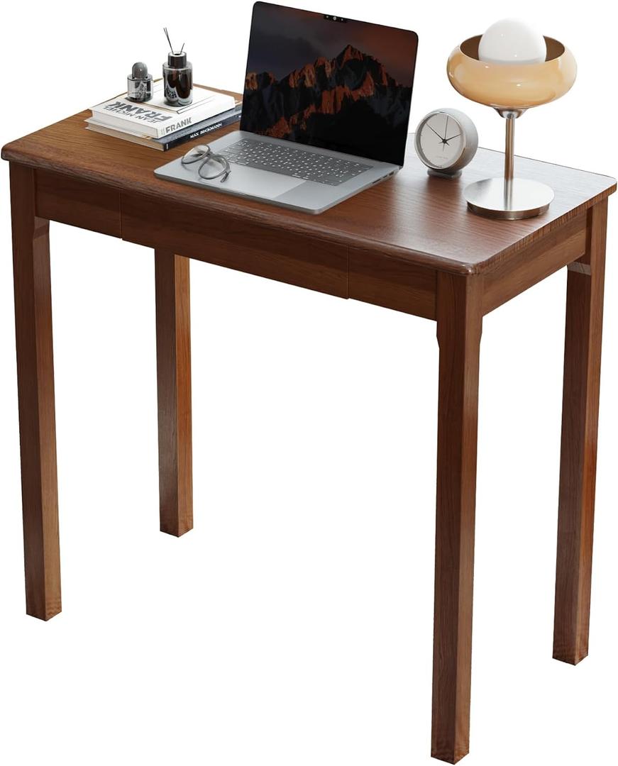 Solid Wood Desk with Drawers - 32 x 16 Inch Vintage Narrow Desks, Mid Century Modern Desks, Rubber Wood Study Table, Small Writing Desk for Bedroom|Small Spaces - Walnut Color, 31.5 in W x 15.7 in D
