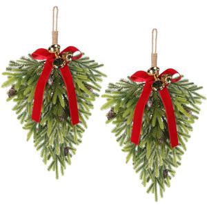 RoseCraft 2PCS Christmas Decorations, Artificial Front Door Christmas Wreaths, Hanging Bell Bow Decorations, for Fireplace Home Holiday Wall Party Xmas Decor. (Red/Green-2)
