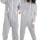 Kgromfy Adult Onesie Hooded Jumpsuit Family Couples Matching Pajamas Zipper Sleepwear One Piece Christmas Loungewear Light Grey Medium