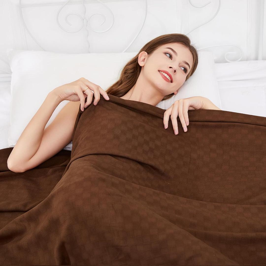 AmyHomie Cooling Blanket Queen Size, 100% Rayon Derived from Bamboo, Cool Summer Blanket for Hot Sleepers Soft Comfy Lightweight Checkered Blankets for All Seasons(Mocha, 90x90) (Queen (90"x90"))