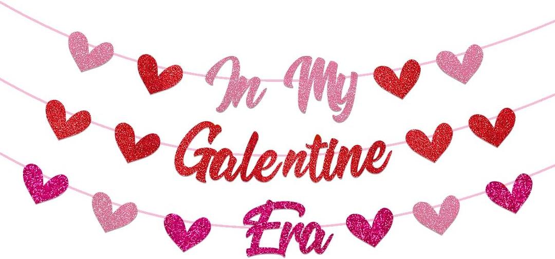 Galentine's Day Party Banner, Red Pink Heart Garland, Glittery Valentine Decorations (ERA)