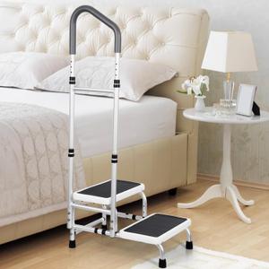 2 Step Stool with Handle for Seniors - Bed Step Stool for Adults with Adjustable Handrail, Non-Slip Platform Foot Stool for Bedside, Bathroom, Bathtub,KitchenAssist Rail for Elderly,Adults 2 Step Stool with Handle for Seniors - Bed Step Stool for Adults with Adjustable Handrail, Non-Slip Platform Foot Stool for Bedside, Bathroom, Bathtub,KitchenAssist Rail for Elderly,Adults