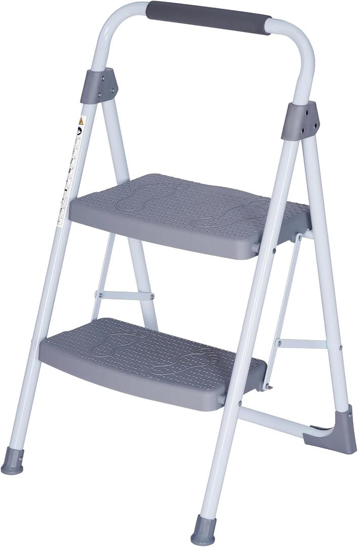Step Ladder 2 Step Folding, Step Ladder with Handgrip, Step Stool for Adults Ergonomic Foldable,2 Step Folding Step Stool with Anti-Slip Pedal, Multi-Use for Household and Home Kitchen (Gray)
