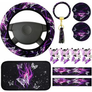 16 Pcs Butterfly Theme Car Accessories Purple Steering Wheel Cover Air Fresheners Vent Clips Seat Belt Pads Cup Holders Armrest Cushion Keyring Bracelet Sheets for Car SUV Interior Decor
