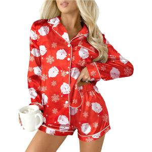 MYHALF Christmas Santa Pajama Set Women Christmas Pajamas Xmas Long Sleeve Sleepwear 2 Piece Button Down Pjs Lounge Set (Large)