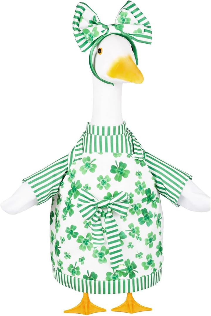 St. Patrick's Day Porch Goose Outfit, Clover Lawn Goose Clothes for 23" Cement Plastic Goose Statue for Spring Outdoor Patio Yard Garden Art Decor
