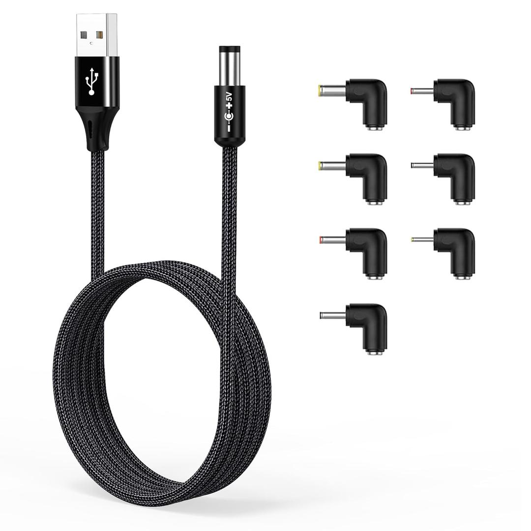 AGVEE 5ft USB to DC 5V Power Cord 5521(5.5x2.1mm) | Braided Nylon & Aluminum Shell | 6pcs DC Adapter Tips | Fast & Durable Charging for CCTV Cameras, Routers, LED Strips, Black