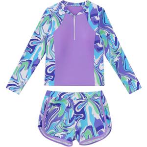 Mioglrie Girls Swimsuit Teen Bathing Suits Long Sleeve Girls' Swimwear Zipper Kids 2 Piece Tankini Swim Suit for Girl